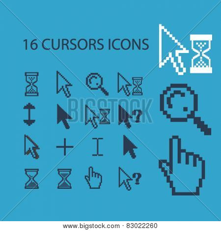 pixel cursors, inerface icons, signs, illustrations set, vector