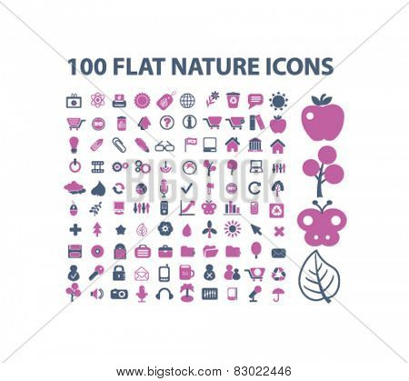 100 nature, ecology, enviroment concept - flat isolated icons, signs, illustrations set, vector