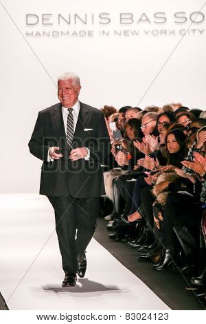 NEW YORK - FEBRUARY 16: A designer Dennis Basso walks the runway at the Dennis Basso Fall/Winter 2015 collection during Mercedes-Benz Fashion Week in New York on February 16, 2015.