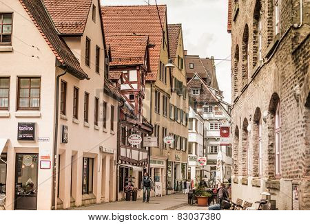ULM, GERMANY - MAY 12,2014 - In the old streets of Ulm in may 12, 2014. Ulm is a city in the federal German state of Baden-Warttemberg, situated on the River Danube.
