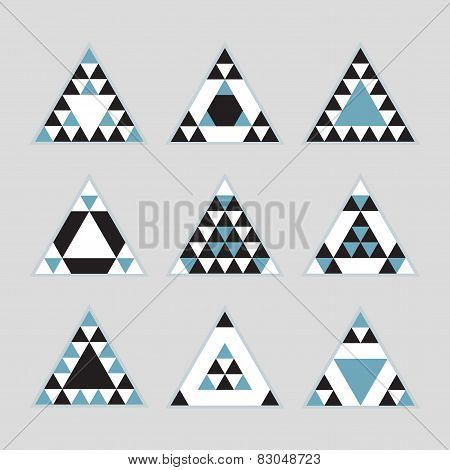 Geometrical blue tile equilateral triangles icons set