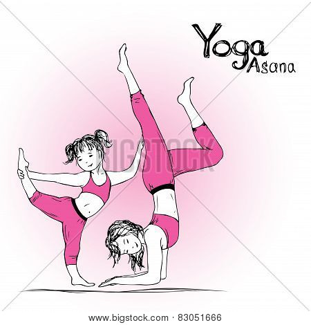 Girl And Woman Doing Yoga Poses,  Vector Illustration