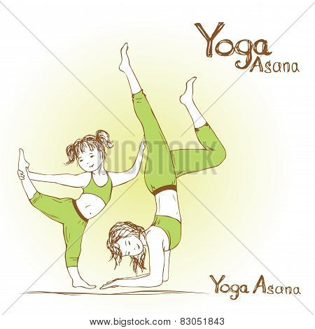 Girl And Woman Doing Yoga Poses,  Vector Illustration