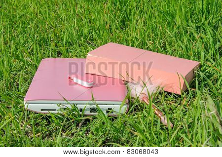 Pink Laptop, Book, Pen And Disk On Key On Green Grass