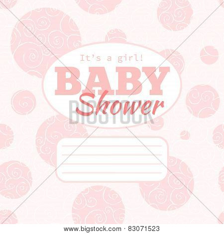 Vector pink baby shower party invitation with doodled swirles and empty space for text.