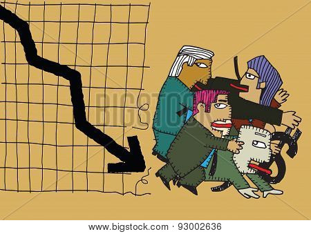 Cartoon Businessman Group Shocking Down Arrow And Downturn Economic