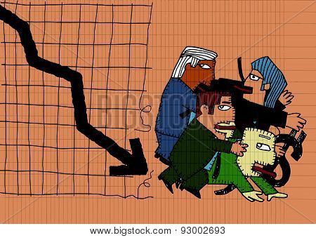 Cartoon Businessman Group Shocking Down Arrow And Downturn Economic