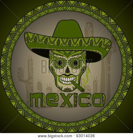 Traditional mexican scull with sombrero. Vector scull in mexican hat with cigar.