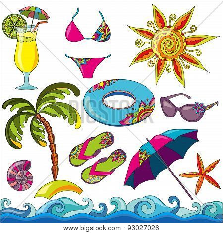 Summer Holidays Seaside Beach Icons Set.
