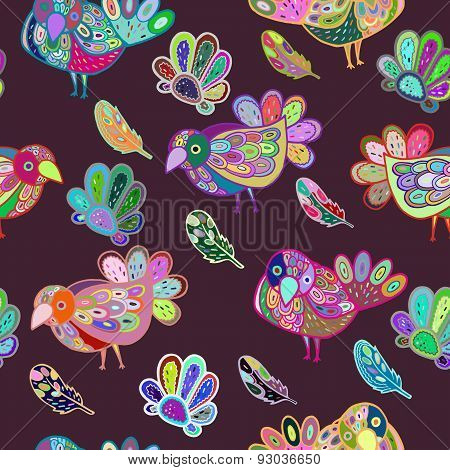 Vector Colorful Decorative Birds Seamless Pattern With Feathers. Hand Drawn Doodle Cute Birds Seamle