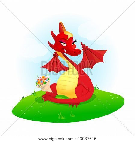Red dragon with flowers