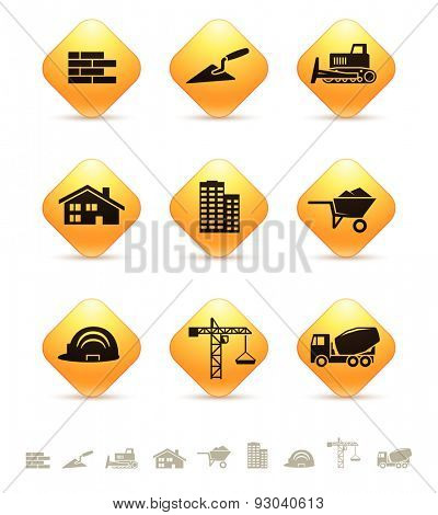 Construction and realty icons on yellow rhombic buttons