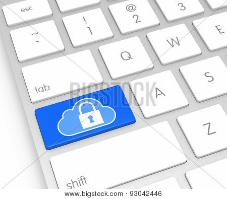 Computer Keyboard With Cloud Computing Security Button. 3D Rendering