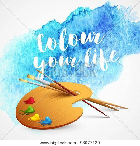 Realistic brush and palette on blue watercolor background