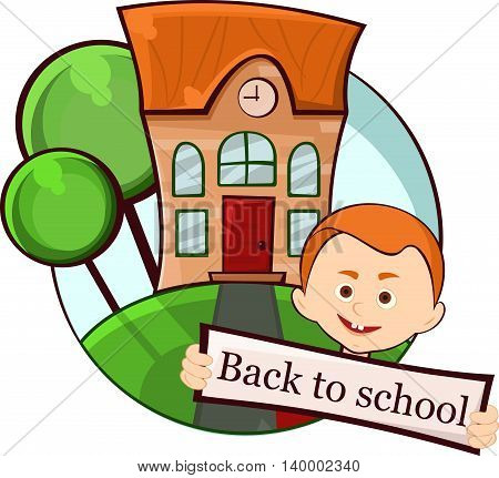 smiling boy in the background of the school building, vector illustration