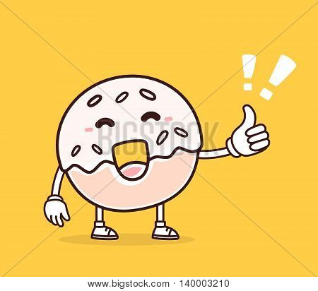 Vector illustration of bright color smile donut with thumb up on yellow background. Creative cartoon donut concept. Doodle style. Thin line art flat design of character donut for positive time theme