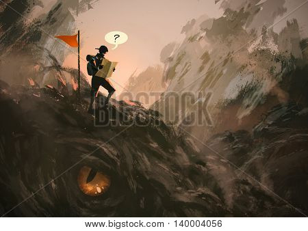 funny illustration painting showing lost hiker with backpack looking at map