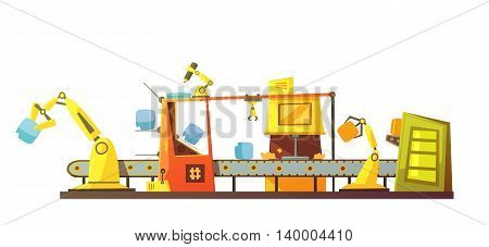 Automatic stock line managing with modern robots technology in retro cartoon style banner print schema vector illustration