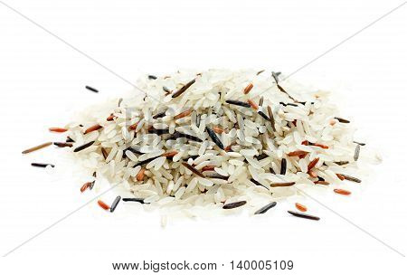 Color mix gourmet white brown red wild rice isolated on white background