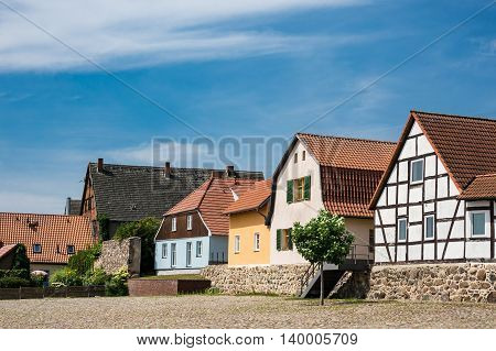 Buildings with blue sky in Loitz (Germany).