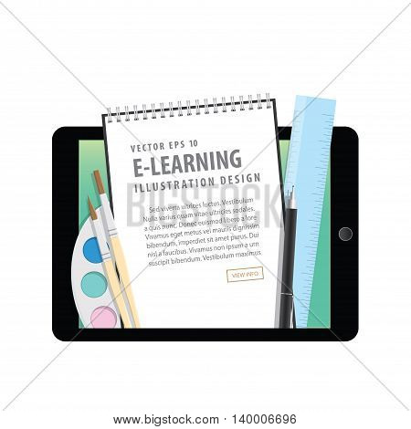 E-learning With Tablet, Learning Through An Online Network. With Supplies Such As Pens, Book Wire, C