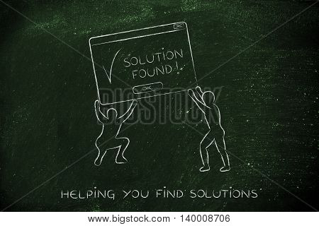 team lifting up a pop-up message with Solution Found concept of business intelligence and decision support systems