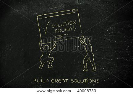 team lifting up a pop-up message with Solution Found concept of business intelligence and decision support systems