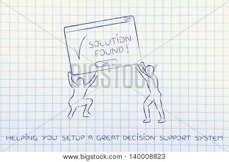 team lifting up a pop-up message with Solution Found concept of business intelligence and decision support systems