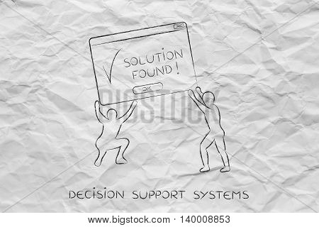 team lifting up a pop-up message with Solution Found concept of business intelligence and decision support systems