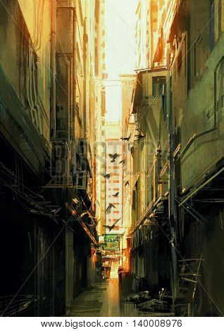 digital painting of long narrow alleyway at sunset, illustration