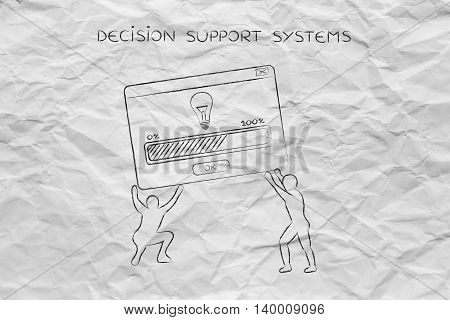 team lifting up a pop-up message with Solution or Idea (lightbulb) concept of business intelligence and decision support systems