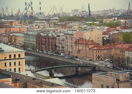 The view from the roof at the bridges and the embankment of the river Fontanka in St. Petersburg .Russia.