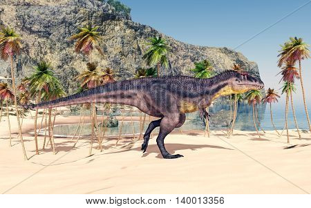 Computer generated 3D illustration with the dinosaur Tyrannotitan at the beach