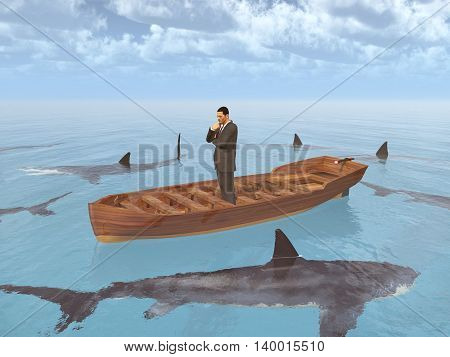 Computer generated 3D illustration with a businessman in a boat surrounded by sharks
