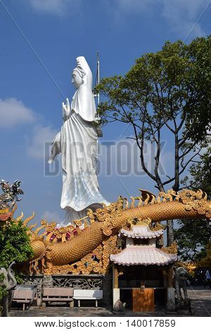 big statue of Bodhisattva at Buddhist Chau Thoi temple Binh Duong Vietnam