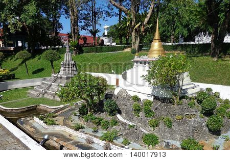 PATTAYA THAILAND -  Golden mountain in Mini Siam Park. Mini Siam is a famous miniature park attraction.