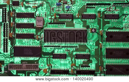 Electronic board green colour with different chip closeup