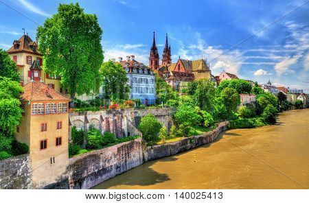 Old town of Basel with the cathedral above the Rhine river - Switzerland