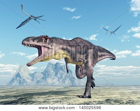 Computer generated 3D illustration with the dinosaur Tyrannotitan and the pterosaur Quetzalcoatlus