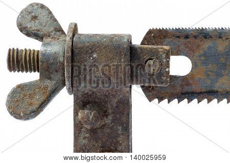 Fragment of old hacksaw on a white background