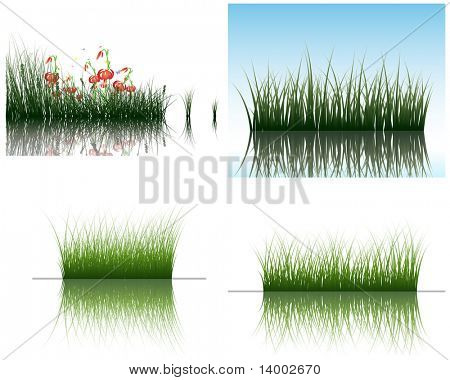 Vector gras silhouetten achtergronden instellen met reflectie in water. Alle objecten worden gescheiden.