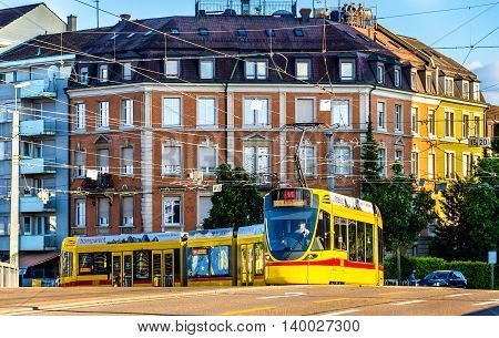 Basel, Switzerland - June 9, 2016: Stadler Tango tram in the city centre of Basel.