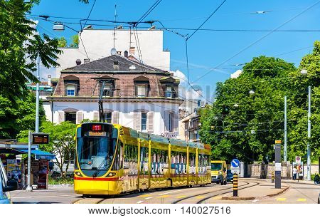 Basel, Switzerland - June 10, 2016: Stadler Tango tram in the city centre of Basel.