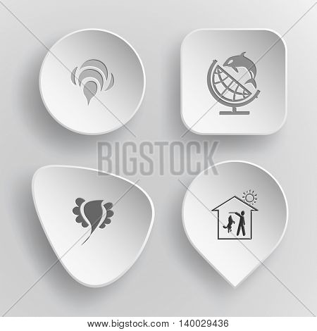 4 images: bee, globe and shamoo, bird, home dog. Animal set. White concave buttons on gray background. Vector icons.