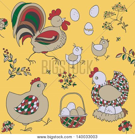 Farm set: chicken rooster chicks basket with eggs nest twigs with leaves