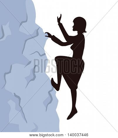 Woman climbs on the rock to the mountain top. Reaching the goal concept, vector illustration.