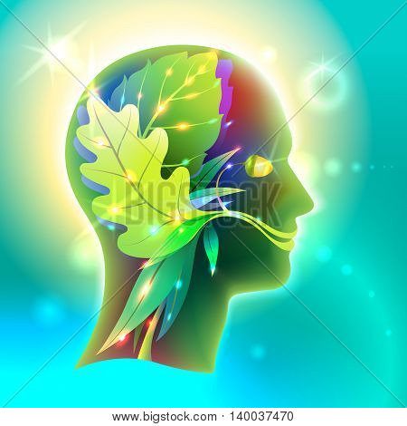 Vector Graphics Profile of the human head in the form of leaves of various trees. Creative symbol of the connection of man and nature its organic interactions and interdependencies in ecology and medicine.