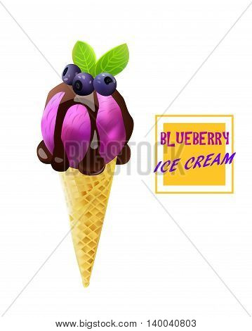 Blueberry Ice Cream Cone. Berry Flavor with liquid chocolate. Vector Isolated Product.