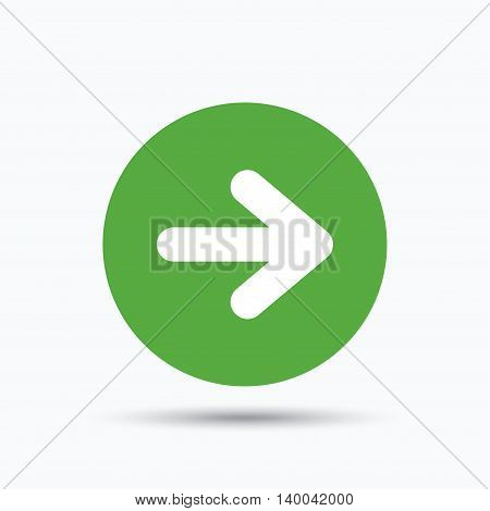 Arrow icon. Next navigation symbol. Flat web button with icon on white background. Green round pressbutton with shadow. Vector