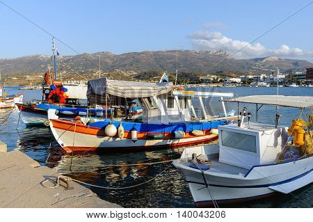 Traditional Greek fishing boats at port of sitia town on Crete island